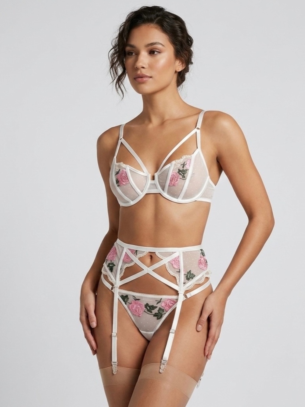 LUNA FLORENTINA WHITE ROSE EMBROIDERED 3PCS LINGERIE SET